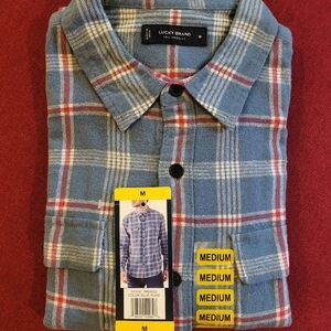 Lucky Brand Men's Blue and Red Plaid Shirt